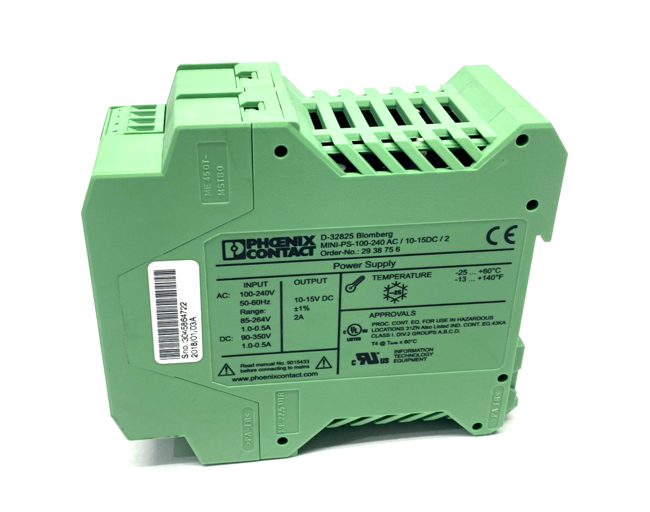 MINI-PS-100-240AC/10-15DC/2,2938756 | Phoenix Contact MINI-PS-100-240AC/10-15DC/2 Power Supply 10-15V DC 2A 2938756 - Used - Maverick Industrial Sales