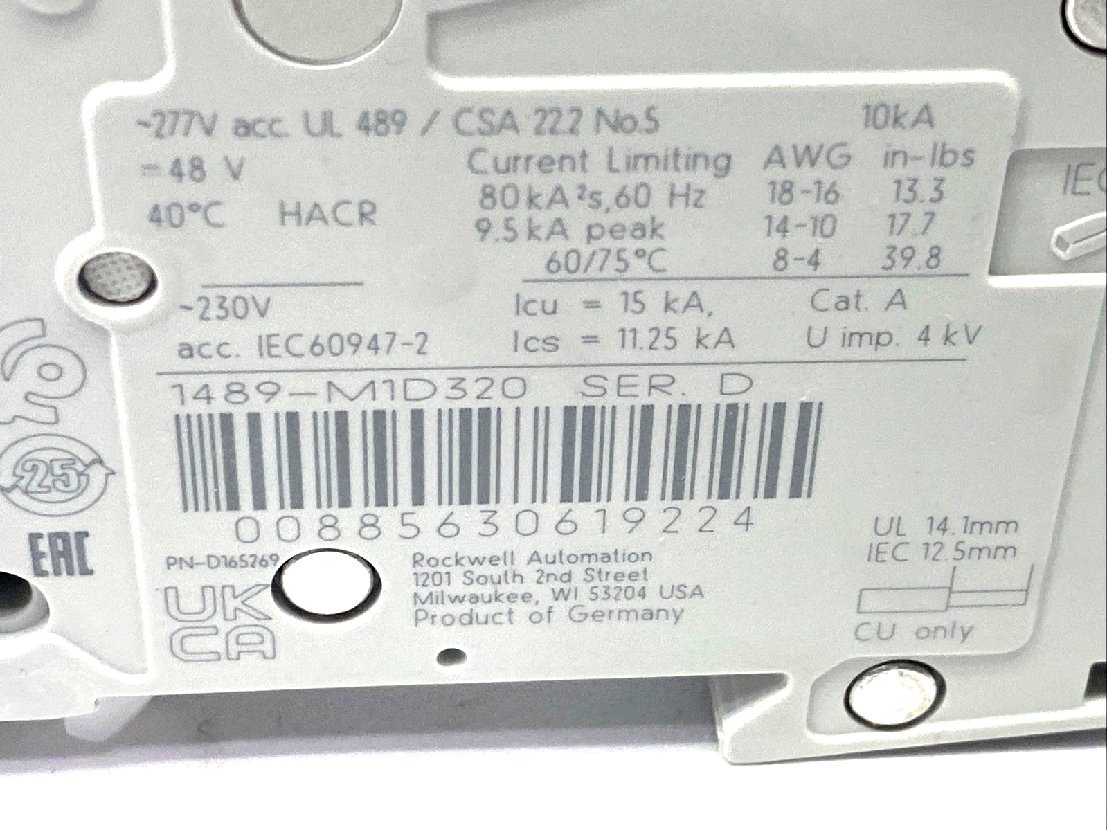 1489-M1D320 | Allen Bradley Ser. D Miniature Circuit Breaker 1P 32A 240VAC 2-PACK - New – Open Box - Maverick Industrial Sales