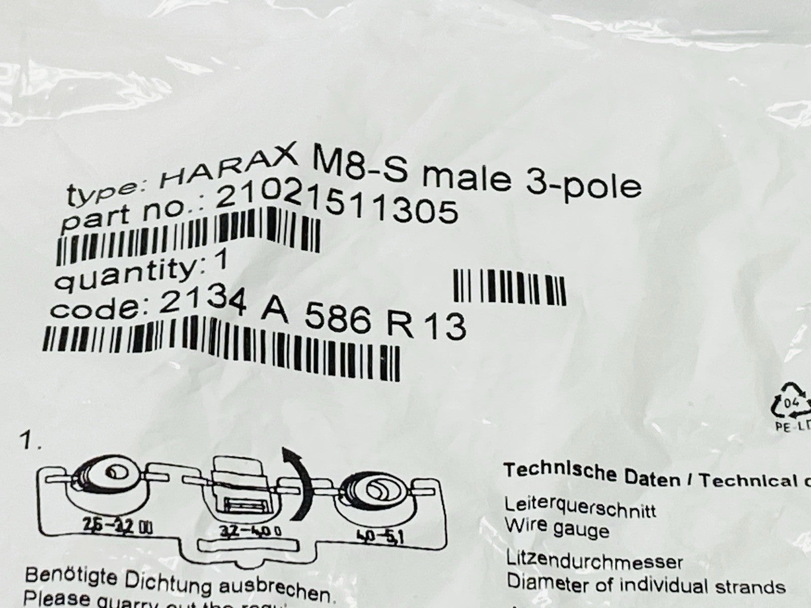 HARAX M8-S Male 3-Pole,21021511305 | Harting HARAX M8-S Male 3-Pole Circular Connector M8 21021511305 - New - Maverick Industrial Sales