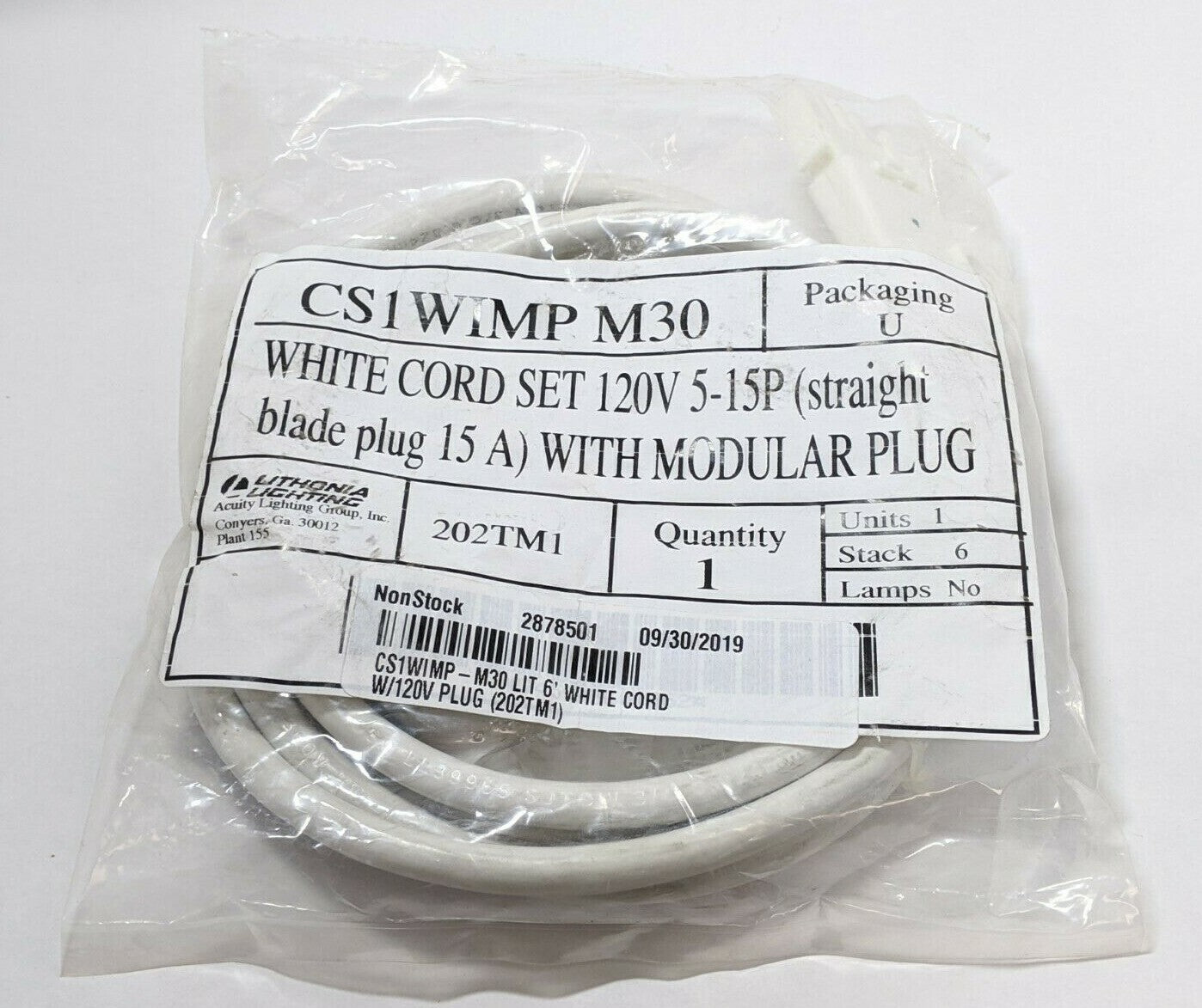 Lithonia Lighting CS1WIMP M30 White Cord Set 120V 5-15P Straight Blade Plug 15 - Maverick Industrial Sales