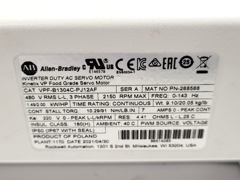 Allen Bradley VPF-B1304C-PJ12AF Inverter Duty AC Food Grade Servo Motor 480VAC - Maverick Industrial Sales