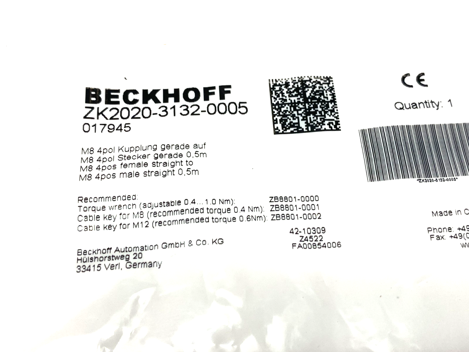 Beckhoff ZK2020-3132-0005 Double Ended Power Cable M8 4-Pos Male to Female - Maverick Industrial Sales