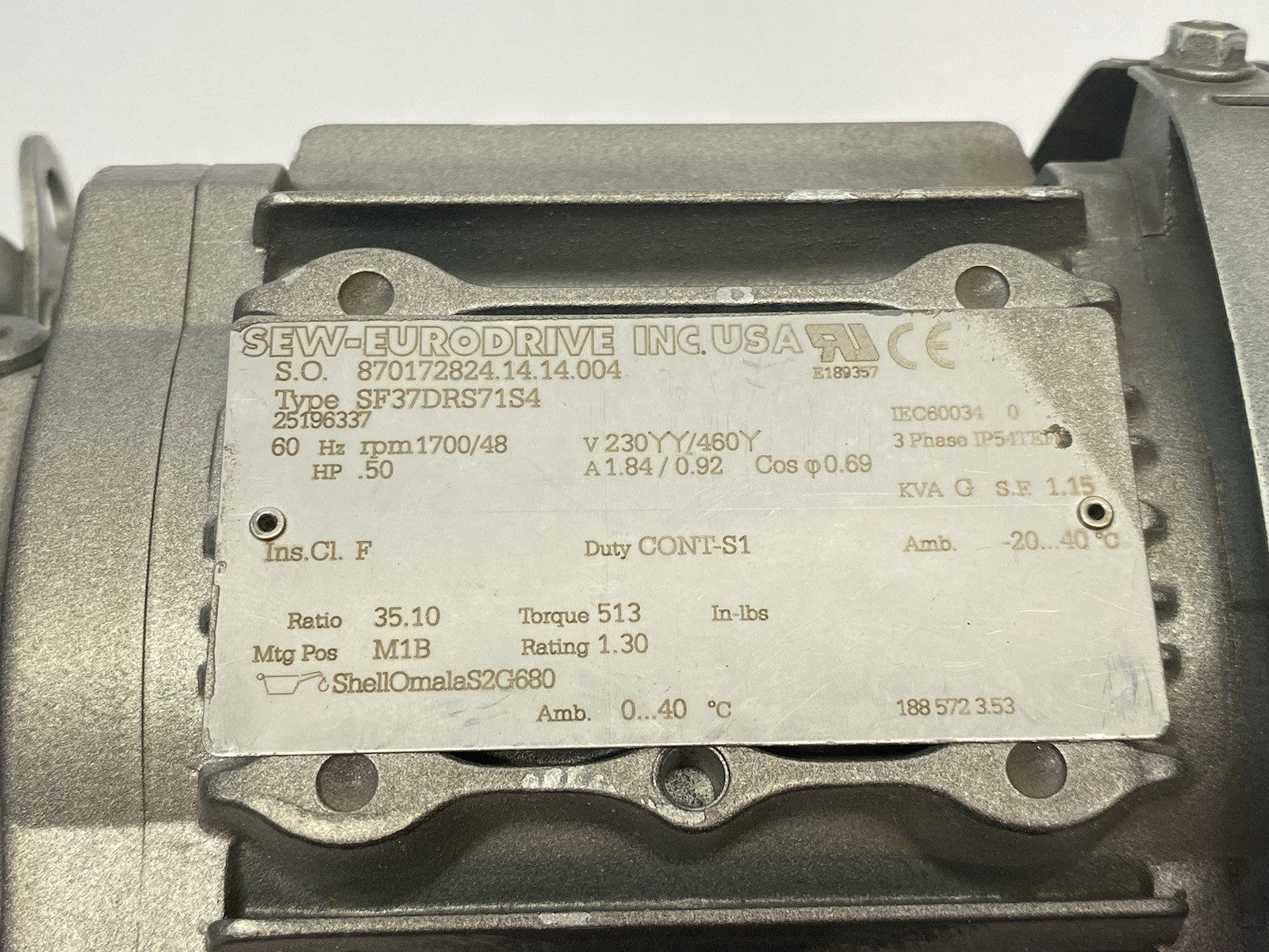 SEW Eurodrive SF37DRS71S4 Right Angle Gearmotor, 35.1 Gear Ratio, 3-Phase - Maverick Industrial Sales
