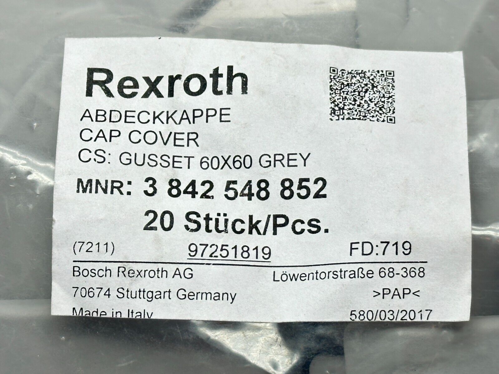 Bosch Rexroth 3842548852 Cap Cover 60x60 Grey 20pcs - Maverick Industrial Sales