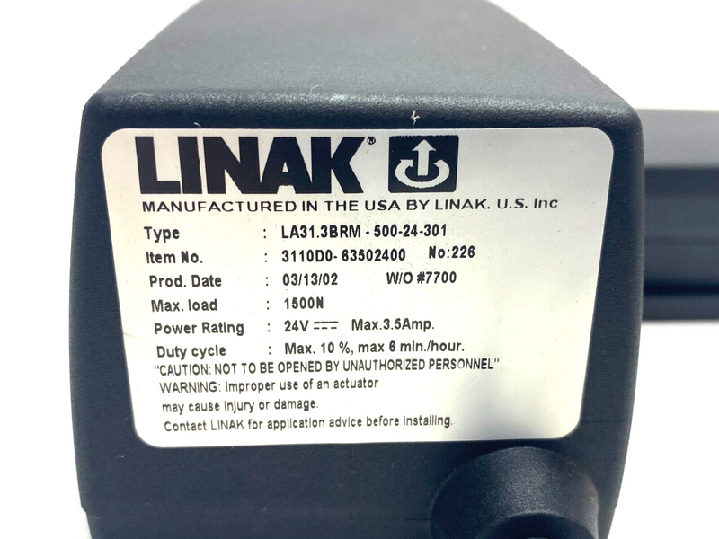 Linak LA31.3BRM-500-24-301 Hood Lift Actuator Arm 1500ZN Load 3110D0-63502400 - Maverick Industrial Sales