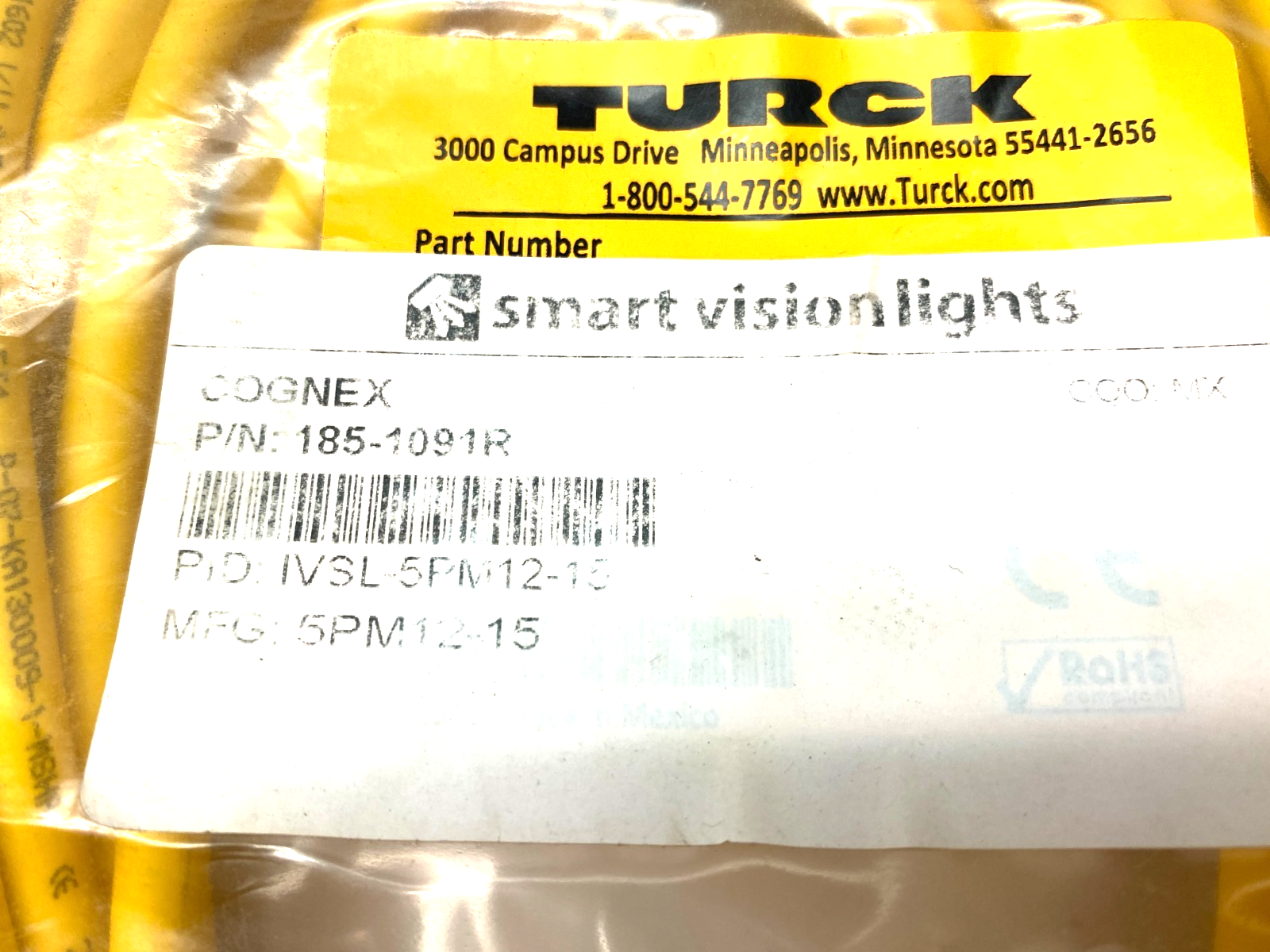 Cognex 185-1091R, Turck U2-22255 Single Ended Connection Cordset IVSL-5PM12-15 - Maverick Industrial Sales