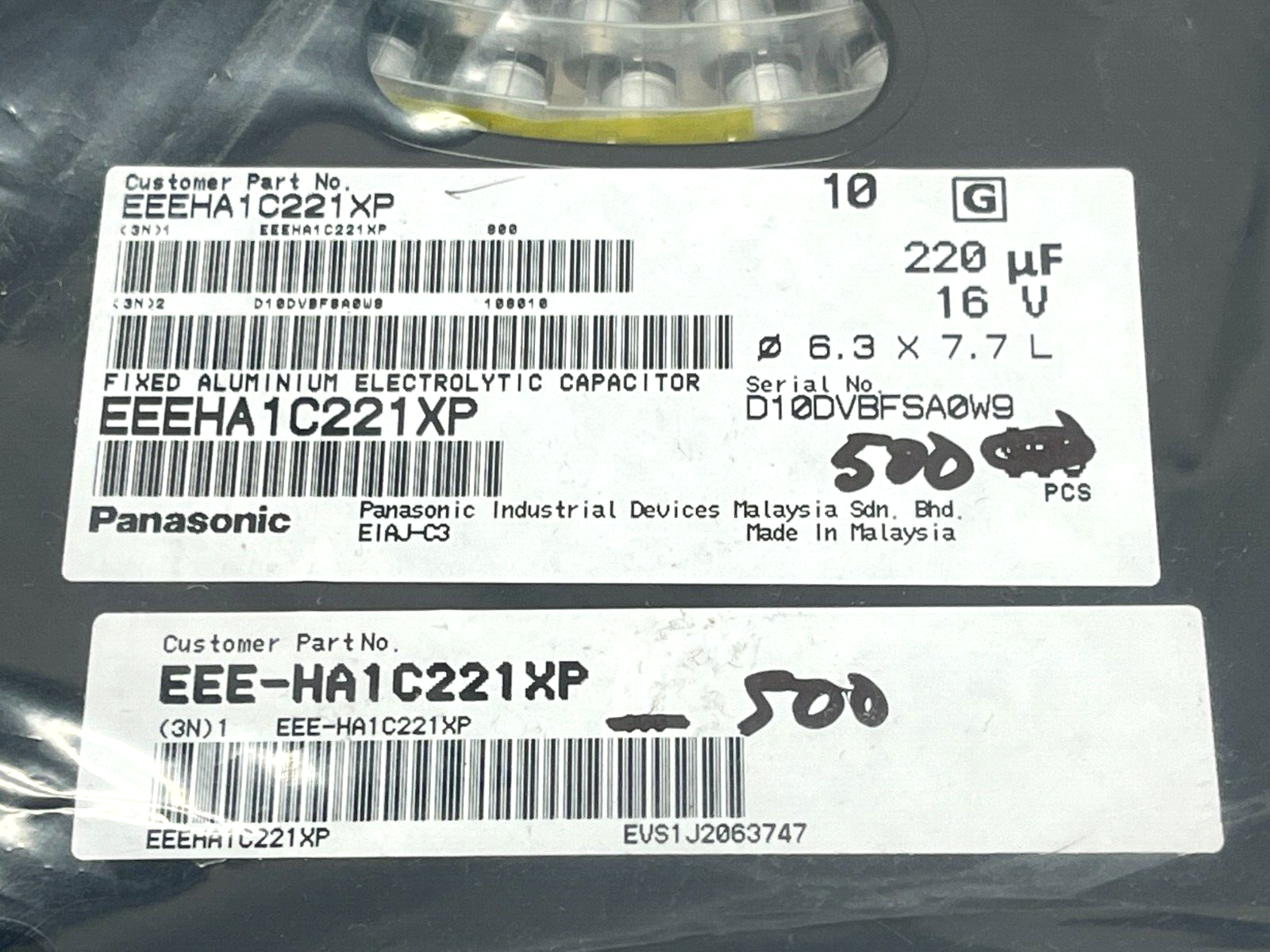Panasonic EEE-HA1C221XP Aluminum Electrolytic Capacitors SMD 220uF 16V 500QTY - Maverick Industrial Sales