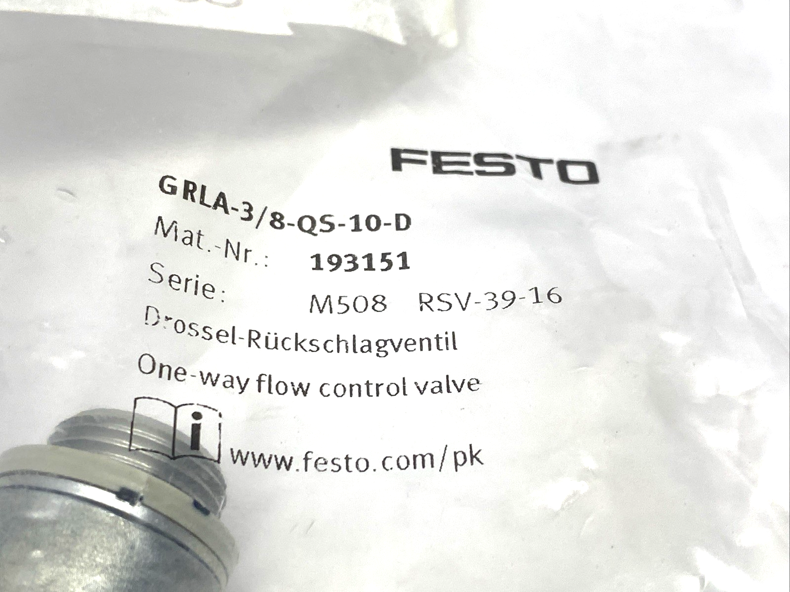 Festo GRLA-3/8-QS-10-D One-Way Flow Control Valve 193151 - Maverick Industrial Sales