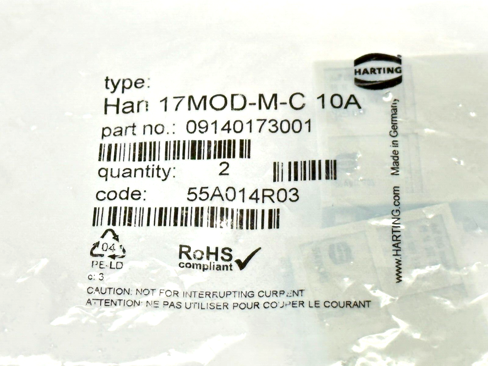 Harting 09 14 017 3001 Han DDD Module, Crimp Male LOT OF 2 - Maverick Industrial Sales