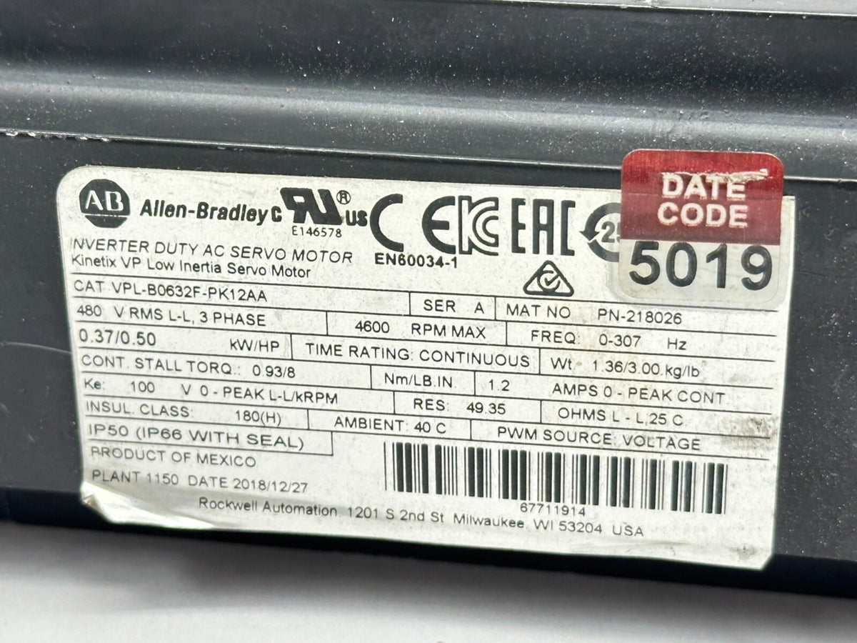 VPL-B0632F-PK12AA | Allen Bradley Ser A AC Servo Motor 4600RPM 0.5HP Continuous - For parts or not working - Maverick Industrial Sales