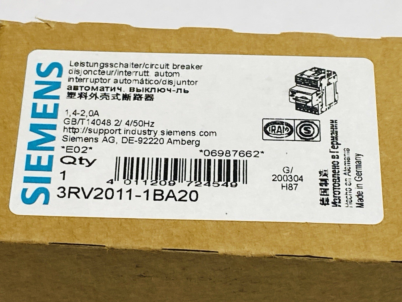 Siemens 3RV2011-1BA20 SIRIUS Motor Protector Circuit Breaker 1.4-2.0A 600V - Maverick Industrial Sales