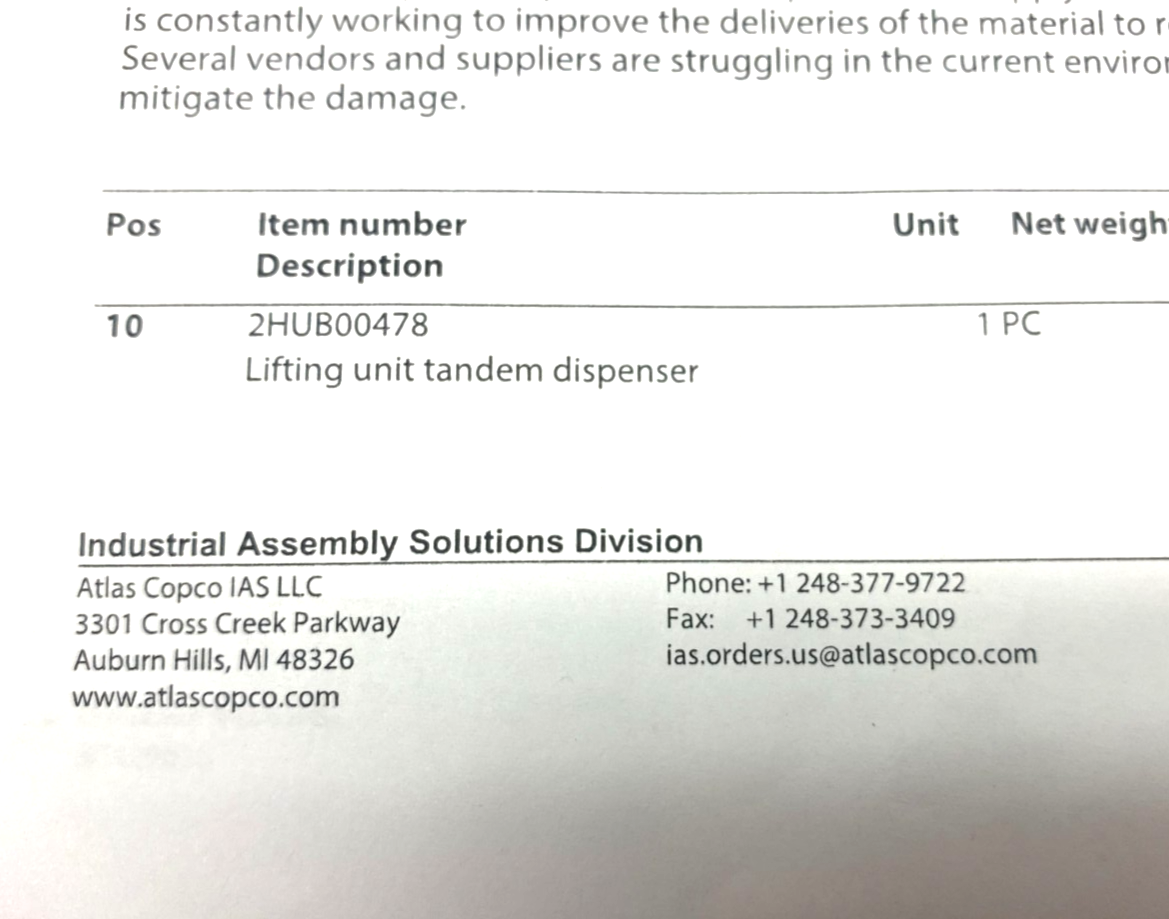 Atlas Copco 2HUB00478 Lifting Unit Tandem Dispenser, Scheugenpflug P050-A-2C/01 - New – Open box - Maverick Industrial Sales