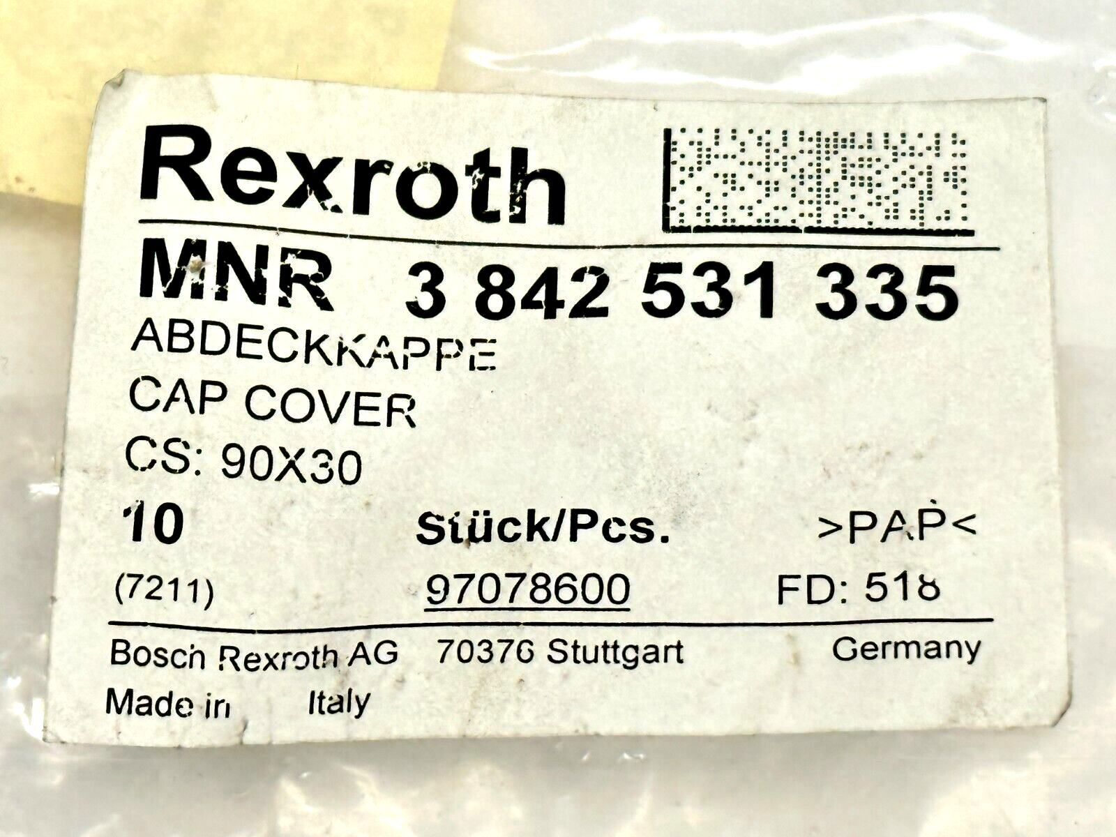 Bosch Rexroth 3842531335 Cap Cover 90X30 LOT OF 10 - Maverick Industrial Sales
