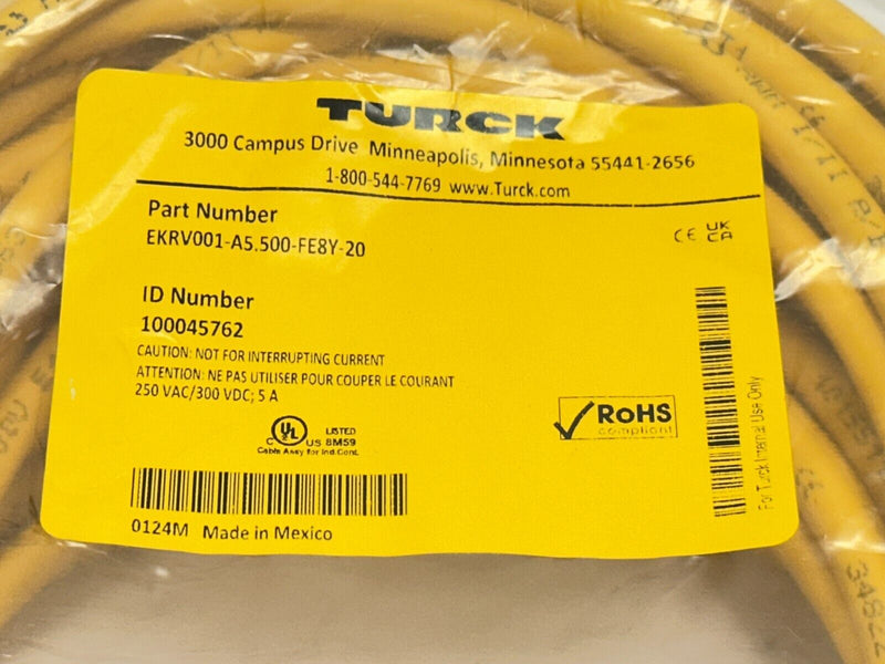 Turck EKRV001-A5.500-FE8Y-20 Connection Cordset Female M12 5-Pin 20m 100045762 - Maverick Industrial Sales