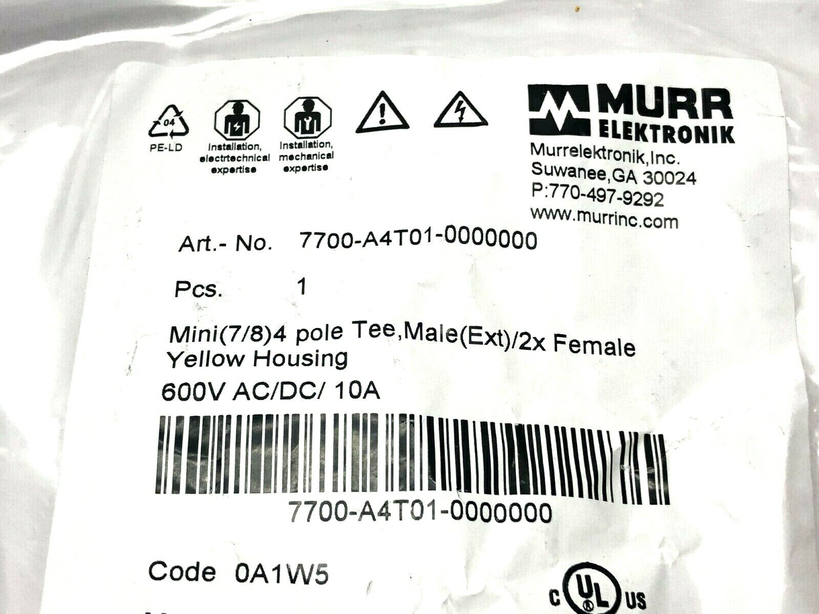 Murr Elektronik 7700-A4T01-0000000 Mini (7/8) 4 Pole Tee Male (Ext)/2x Female - Maverick Industrial Sales