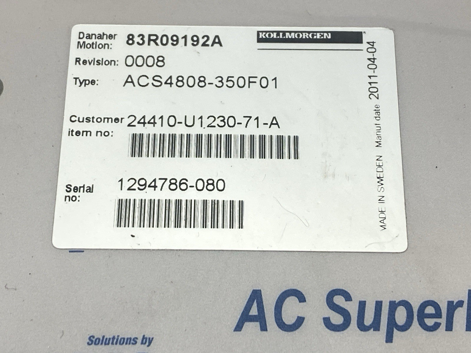 83R09192A | Danaher Motion Rev 0008 AC SuperDrive Motor Controller ACS4808-350F01 - For parts or not working - Maverick Industrial Sales