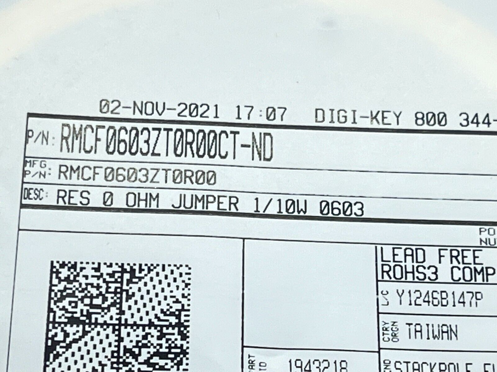 Stackpole Electronics RMCF0603ZT0R00 RES 0 OHM Jumper 1/10W 0603 1100QTY - New - Maverick Industrial Sales