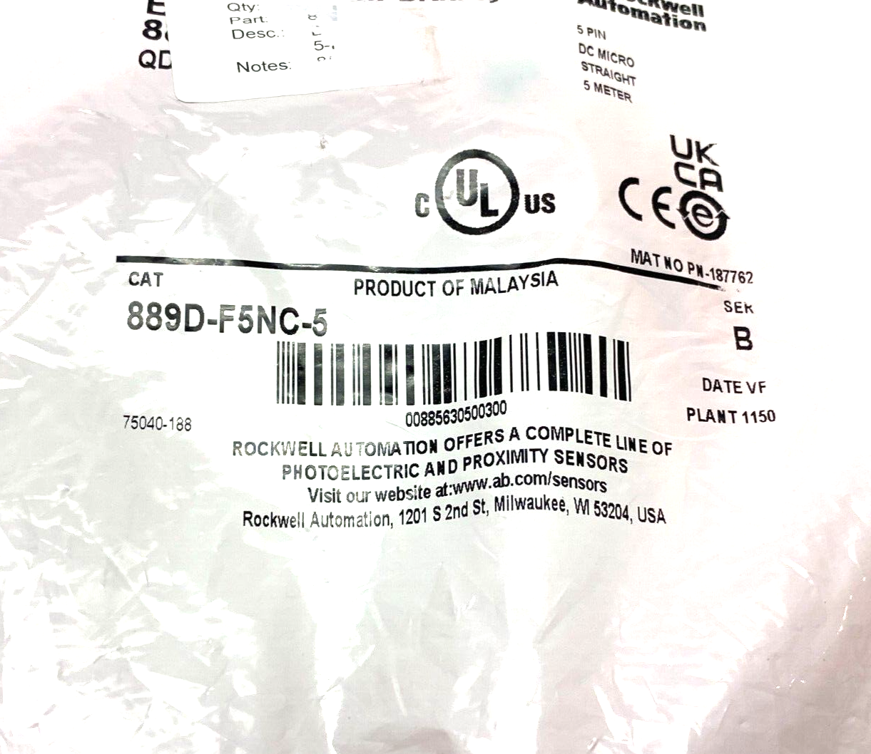 889D-F5NC-5 | Allen Bradley Ser. B Straight Male DC Micro Cable 5-Pin Single Ended - New - Maverick Industrial Sales