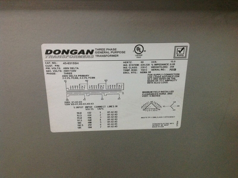 Dongan 43-6315SH Transformer 480V Delta Primary 208Y/120V Secondary 15 KVA 3 PH - Maverick Industrial Sales