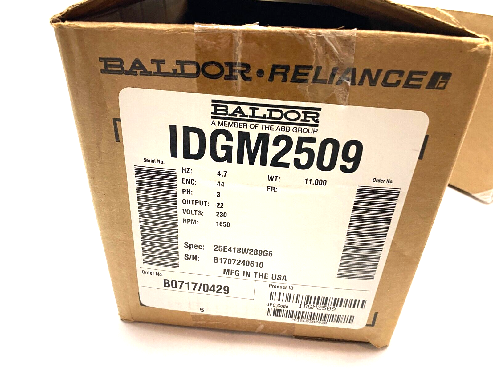 Baldor Reliance IDGM2509 Right Angle Gearmotor, 0.38HP, 3-Ph, 75:1 Ratio - New - Maverick Industrial Sales