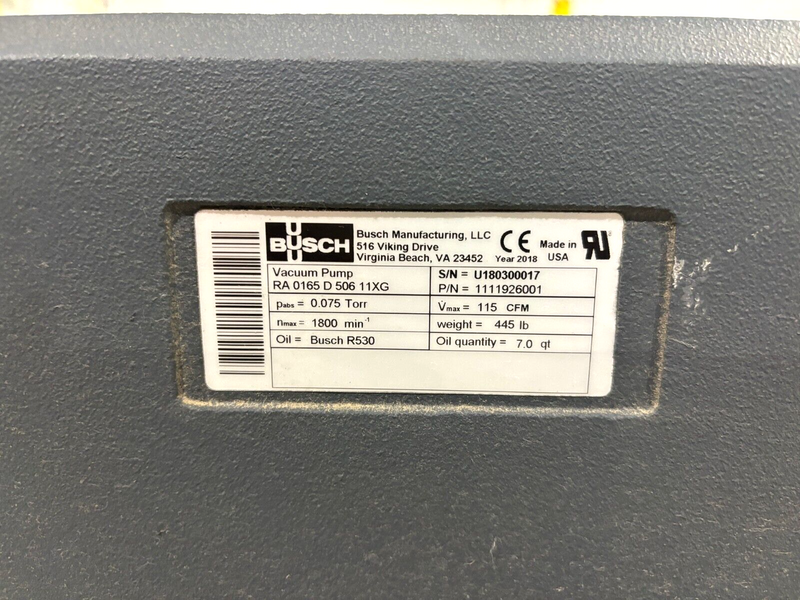 Busch RA 0165 D 506 11XG Vacuum Pump, R5, RA0165D50611XG, 7.5HP, (2018) - Maverick Industrial Sales