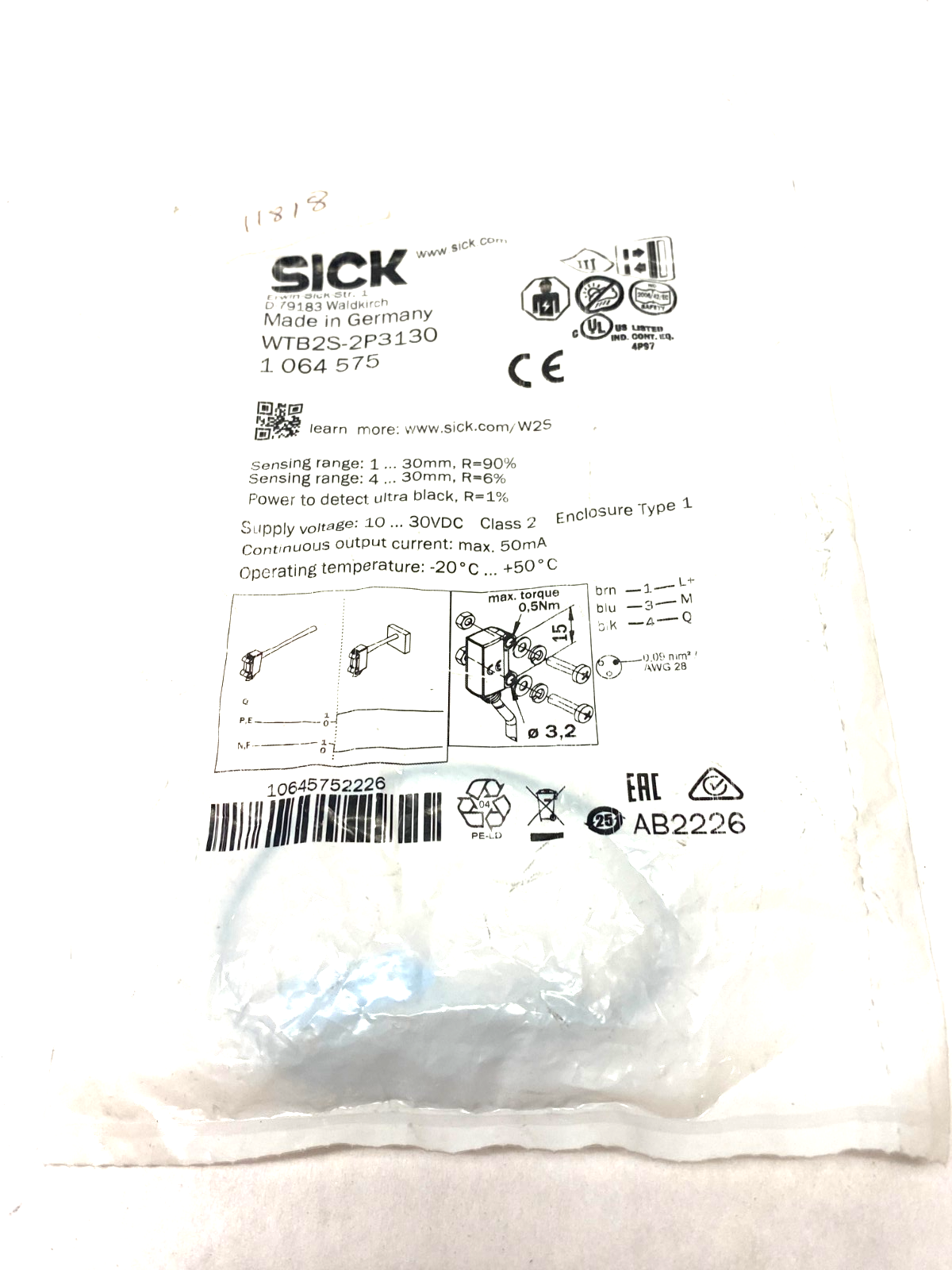 Sick WTB2S-2P3130 Photoelectric Proximity Sensor 1064575 - Maverick Industrial Sales
