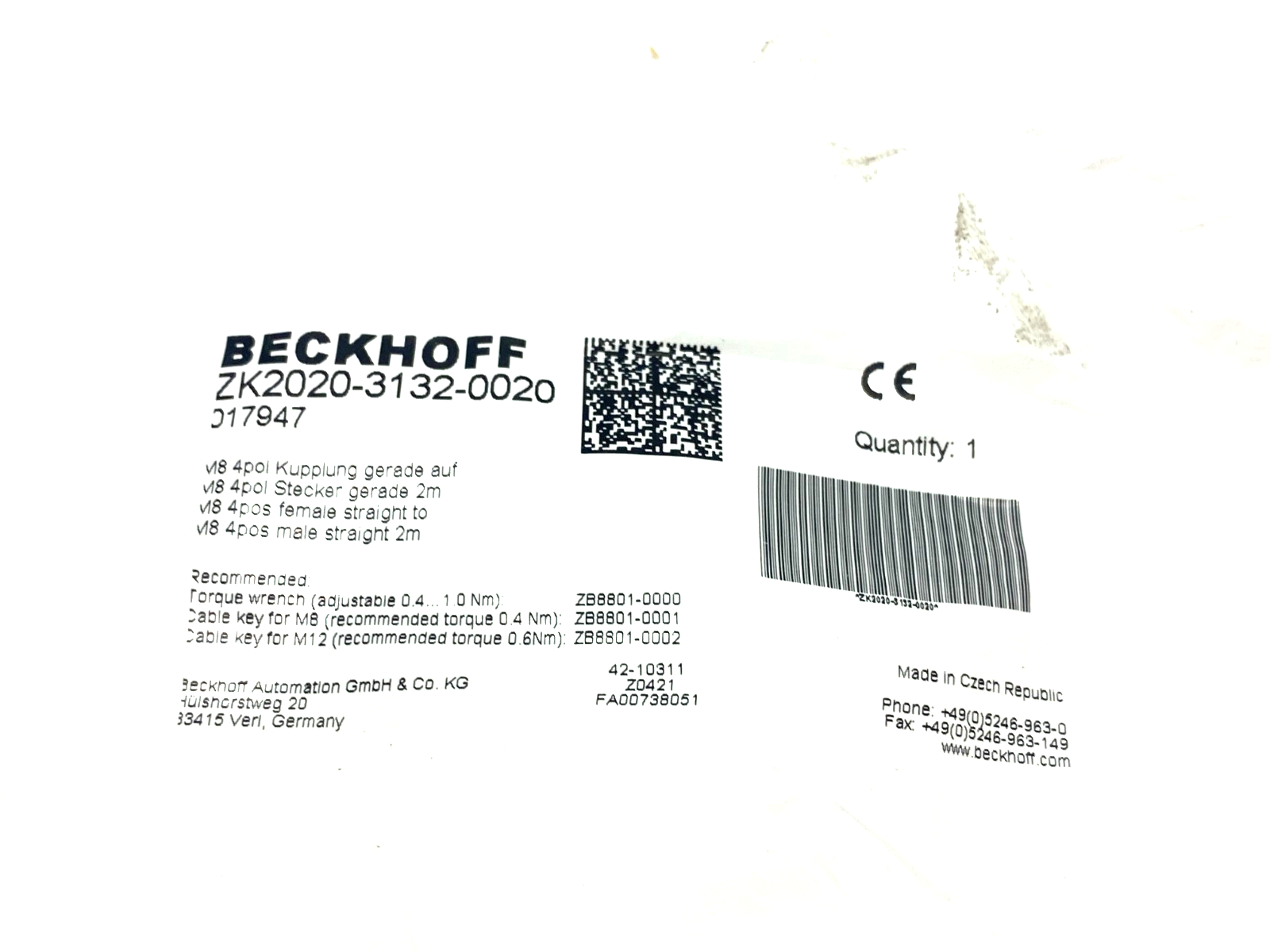 Beckhoff ZK2020-3132-0020 Double Ended Power Cordset M8 4-Pin 2m Length 017947 - Maverick Industrial Sales