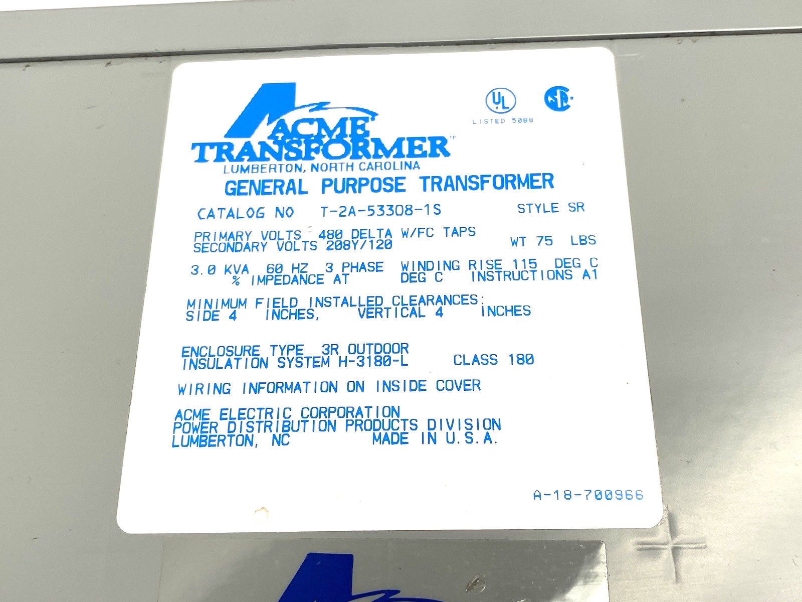 Acme Electric T-2A-53308-1S Gen. Purpose Transformer, Ecapsulated, 3-Phase 3kVA - Maverick Industrial Sales