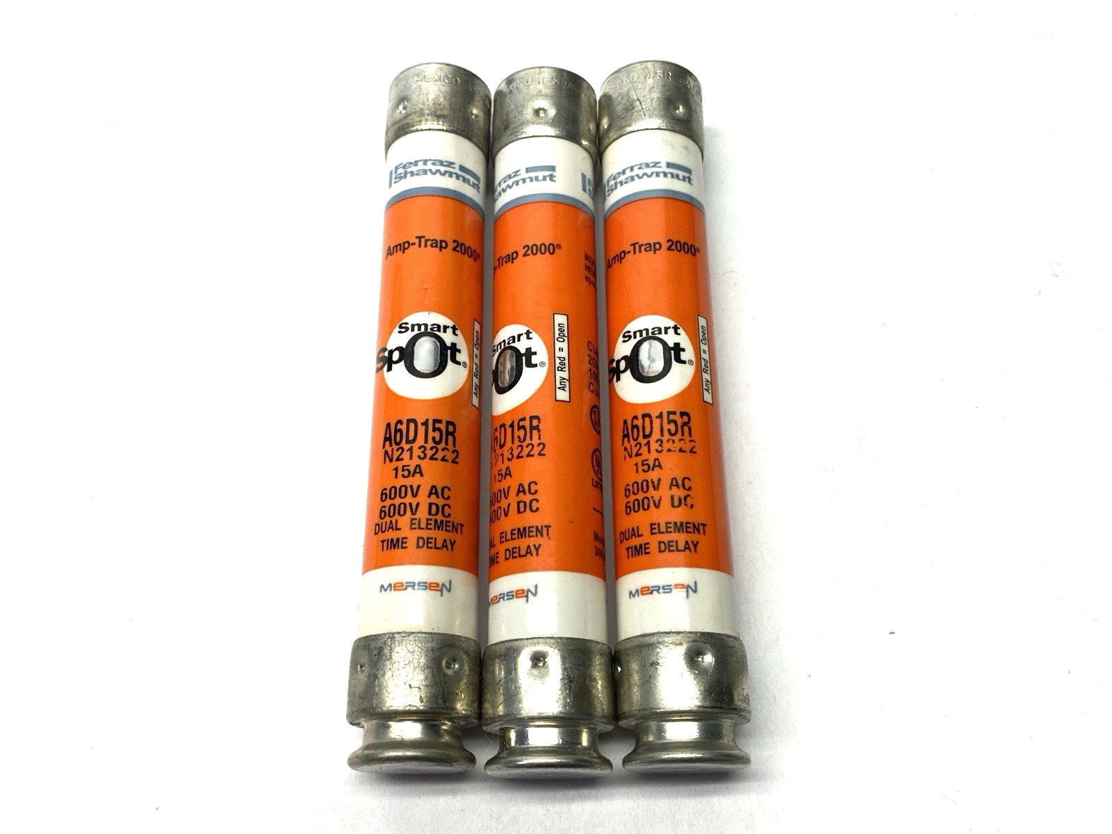 Mersen Ferraz Shawmut A6D15R Time-Delay Fuse Class RK1 600V 15A LOT OF 3 - Maverick Industrial Sales
