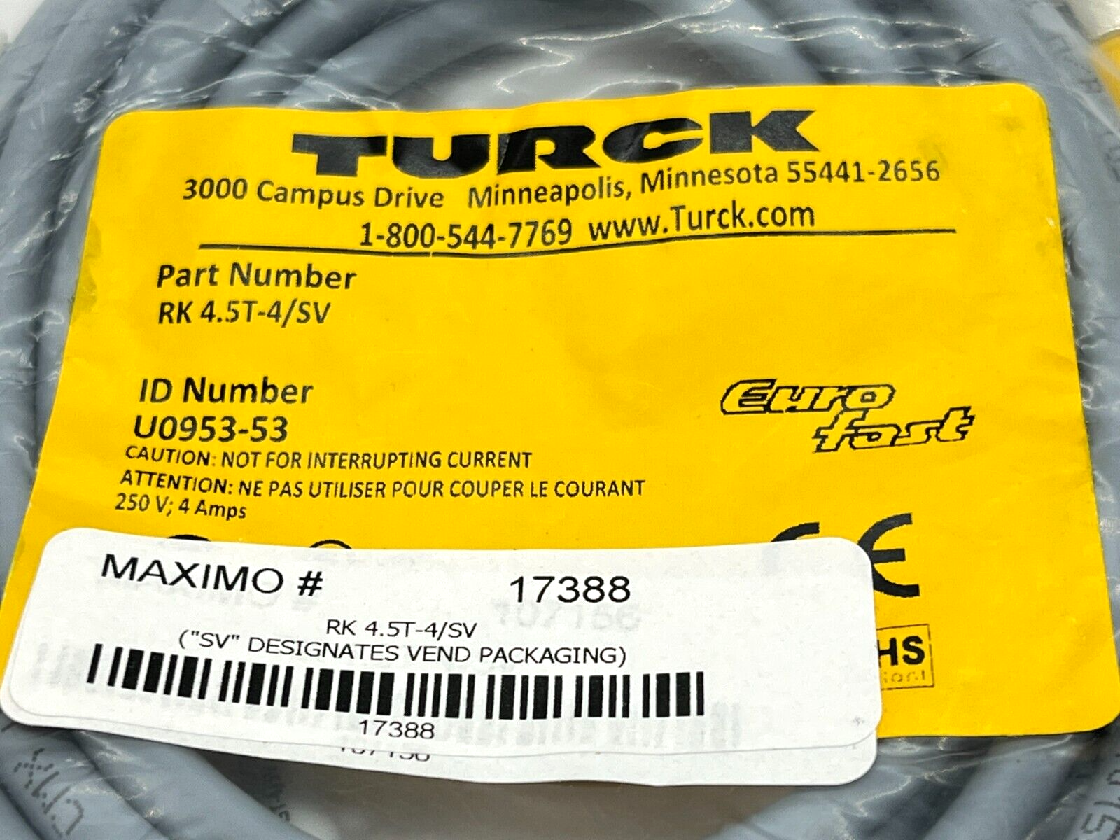 Turck RK 4.5T-4/SV Eurofast Cordset M12 4M Length U0953-53 - Maverick Industrial Sales
