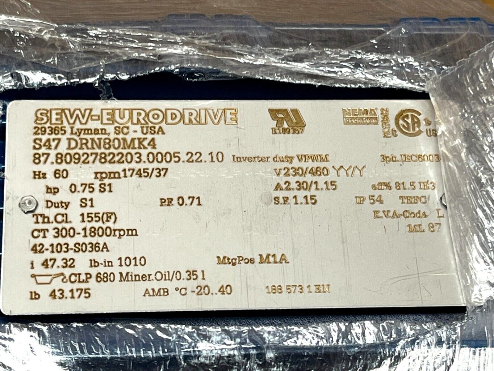 S47DRN80MK4 | Sew Eurodrive Gear Motor 3/4HP 230/460V 2.30/1.15A 1745/37RPM 3Ph - New – Open Box - Maverick Industrial Sales