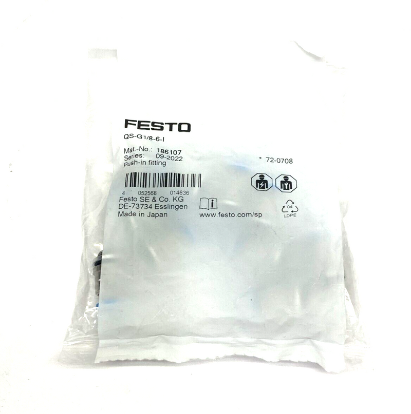 Festo QS-G1/8-6-I Push-In Fitting Male Thread 6mm OD Tube 186107 PKG OF 10 - Maverick Industrial Sales