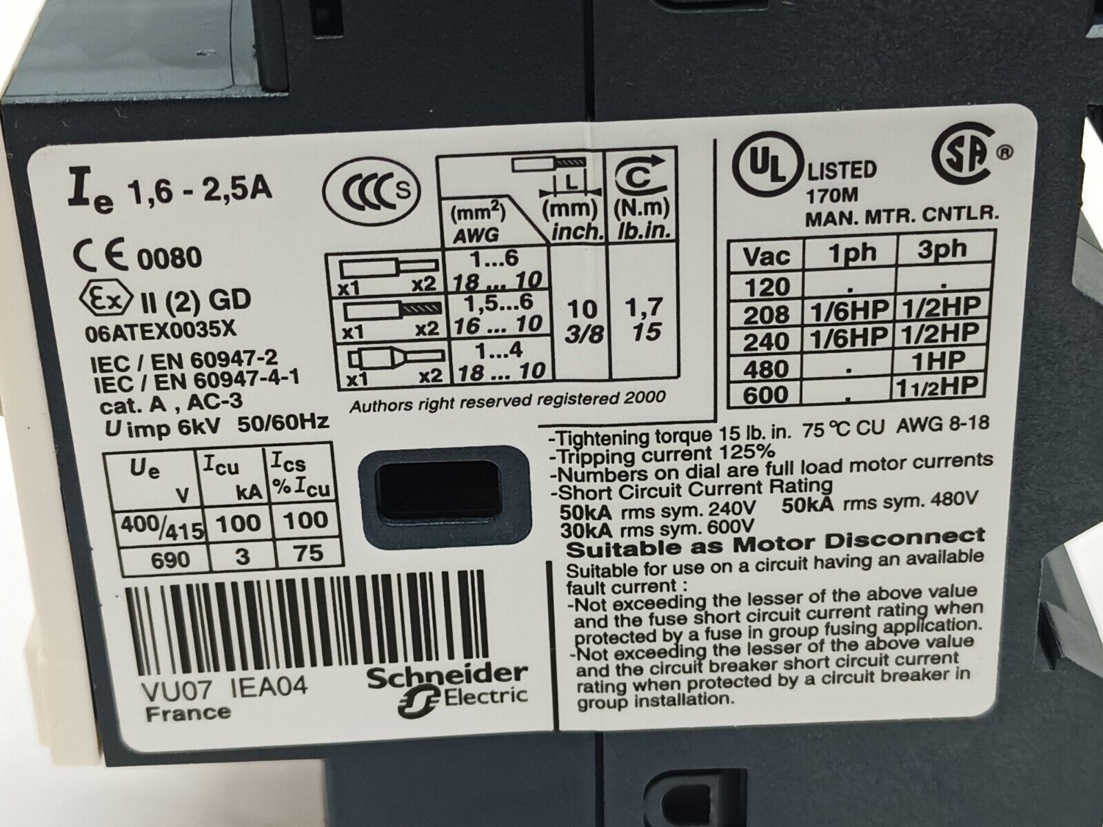 Schneider Electric GV2ME07 Manual Motor Starter 1.6-2.5A - Maverick Industrial Sales