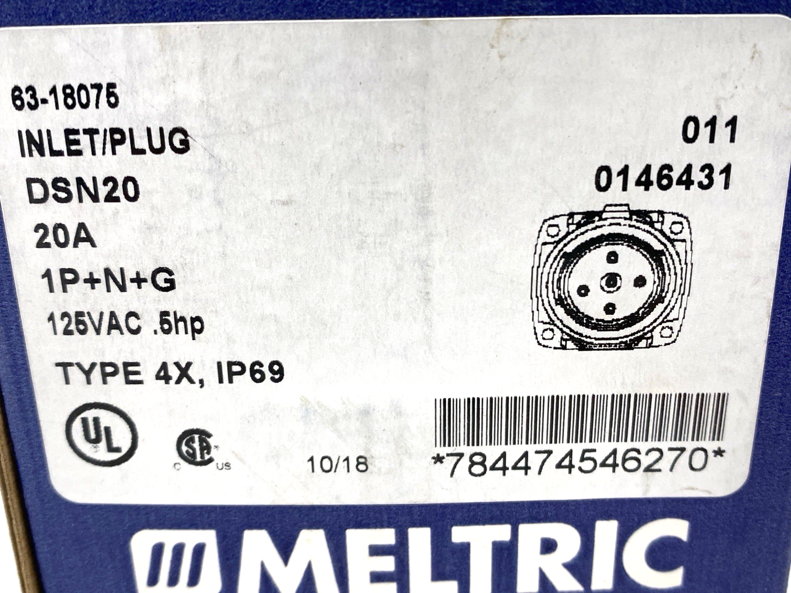 63-18075 | Meltric Male Inlet Plug DSN20 1P+N+G Type 4X & IP69 .75hp 125VAC 20A - New – Open box - Maverick Industrial Sales