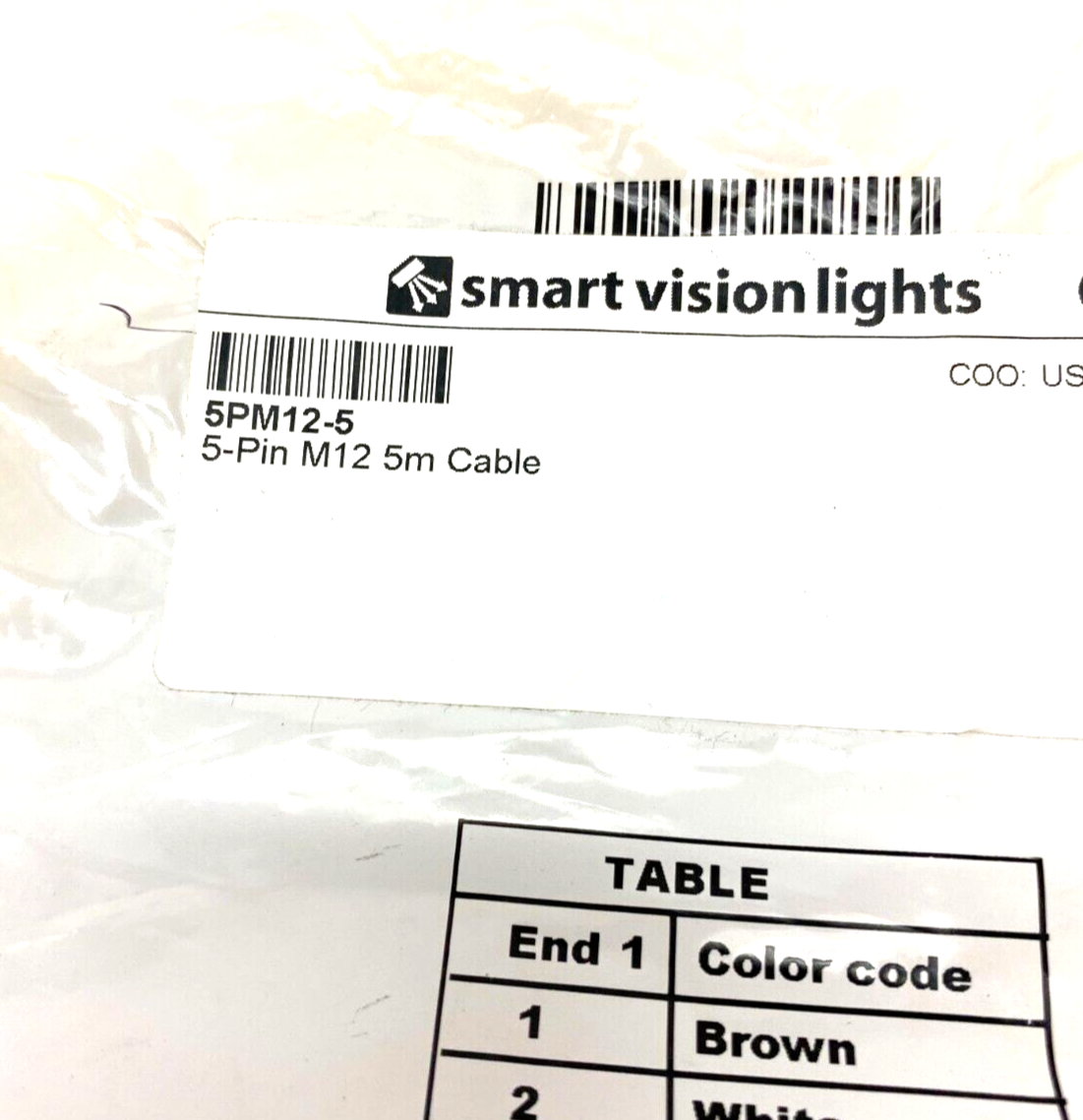 Smart Vision Lights 5PM12-5 Single Ended 5-Pin M12 Female to Leads 5m Length - Maverick Industrial Sales