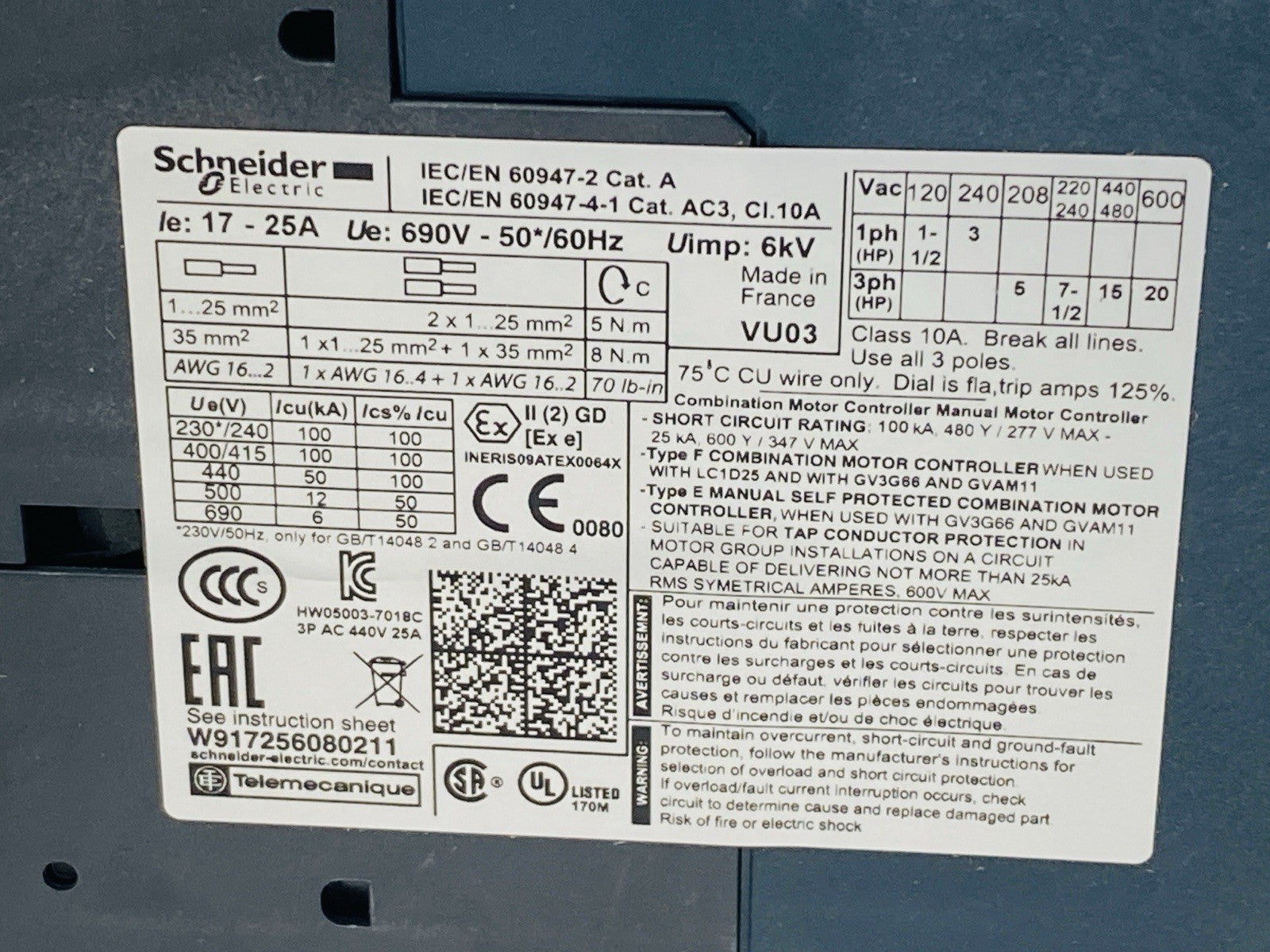 Schneider Electric GV3P25 Manual Starter And Protector 17-25A 440V 3P - Maverick Industrial Sales