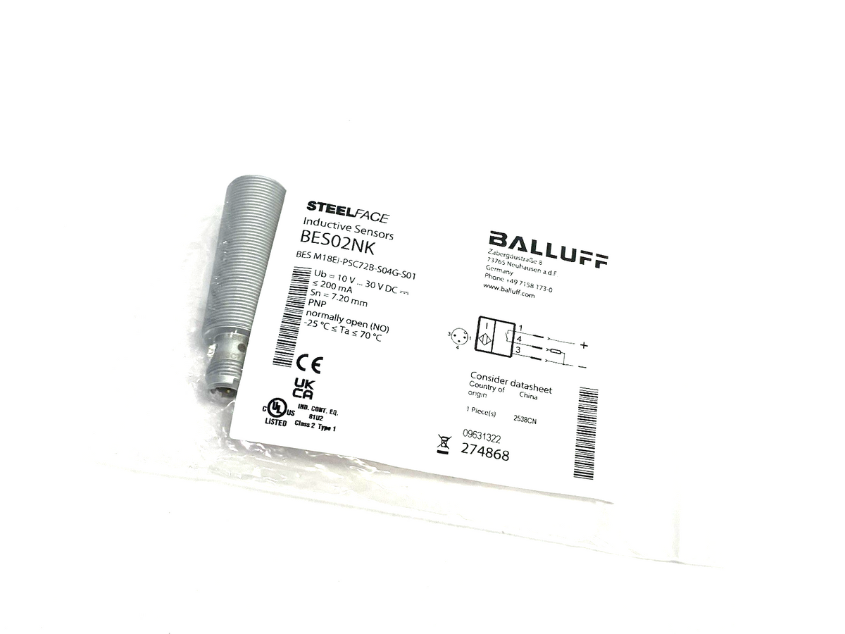 Balluff BES02NK Inductive Sensor High-Pressure Resist. BES M18EI-PSC72B-S04G-S01 - Maverick Industrial Sales
