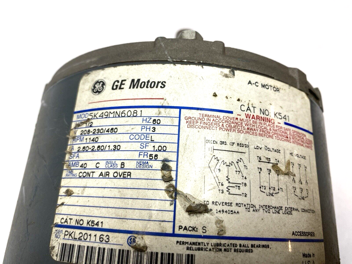 5K49MN6081 | GE Motors 1/2HP 208/230/460 3P 1140 RPM 56FR K541 Dual Shaft Motor - Used - Maverick Industrial Sales