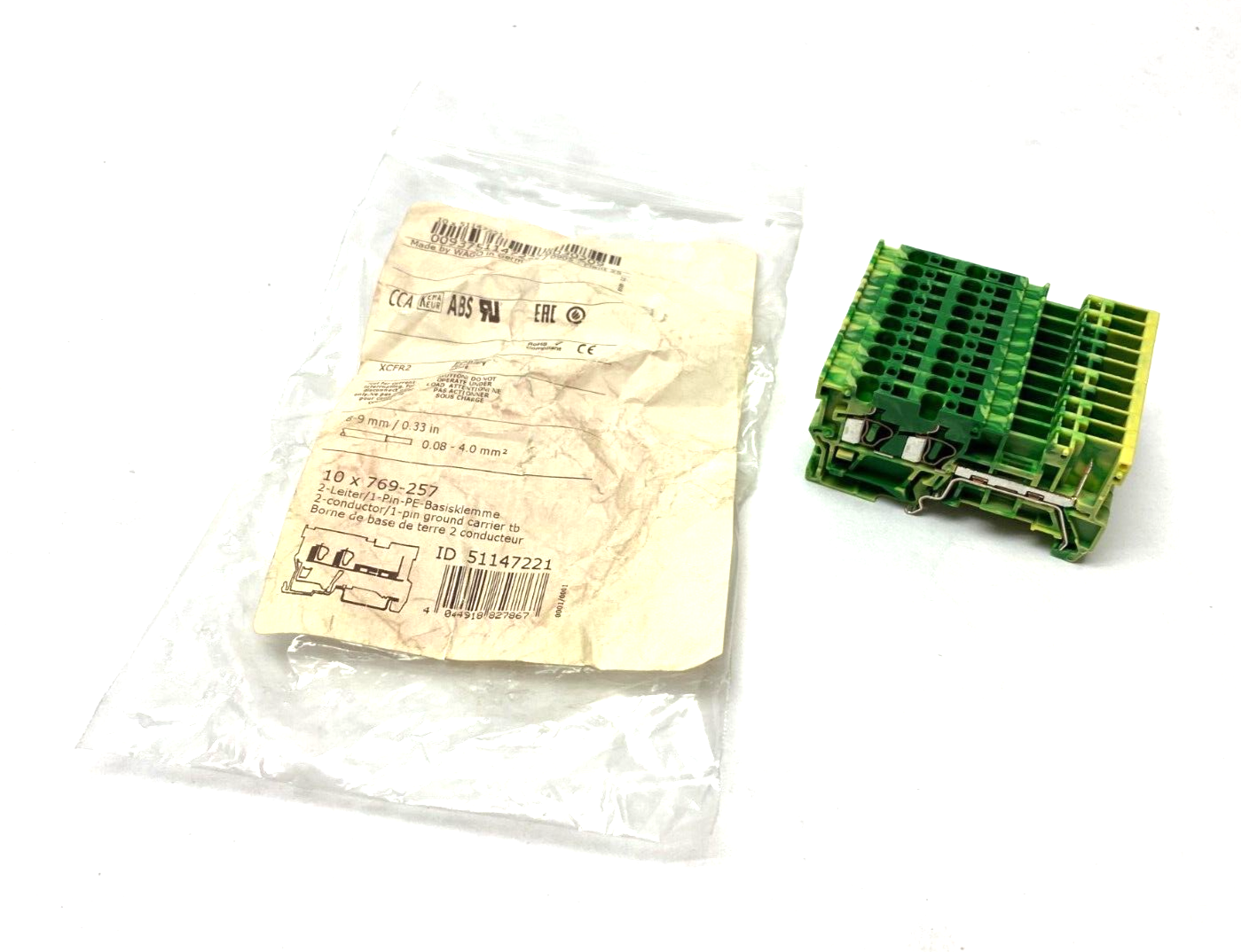 Wago 769-257 CAGE-CLAMP Ground Carrier Terminal Block 4mm 2-Cond/1-Pin PKG OF 10 - Maverick Industrial Sales