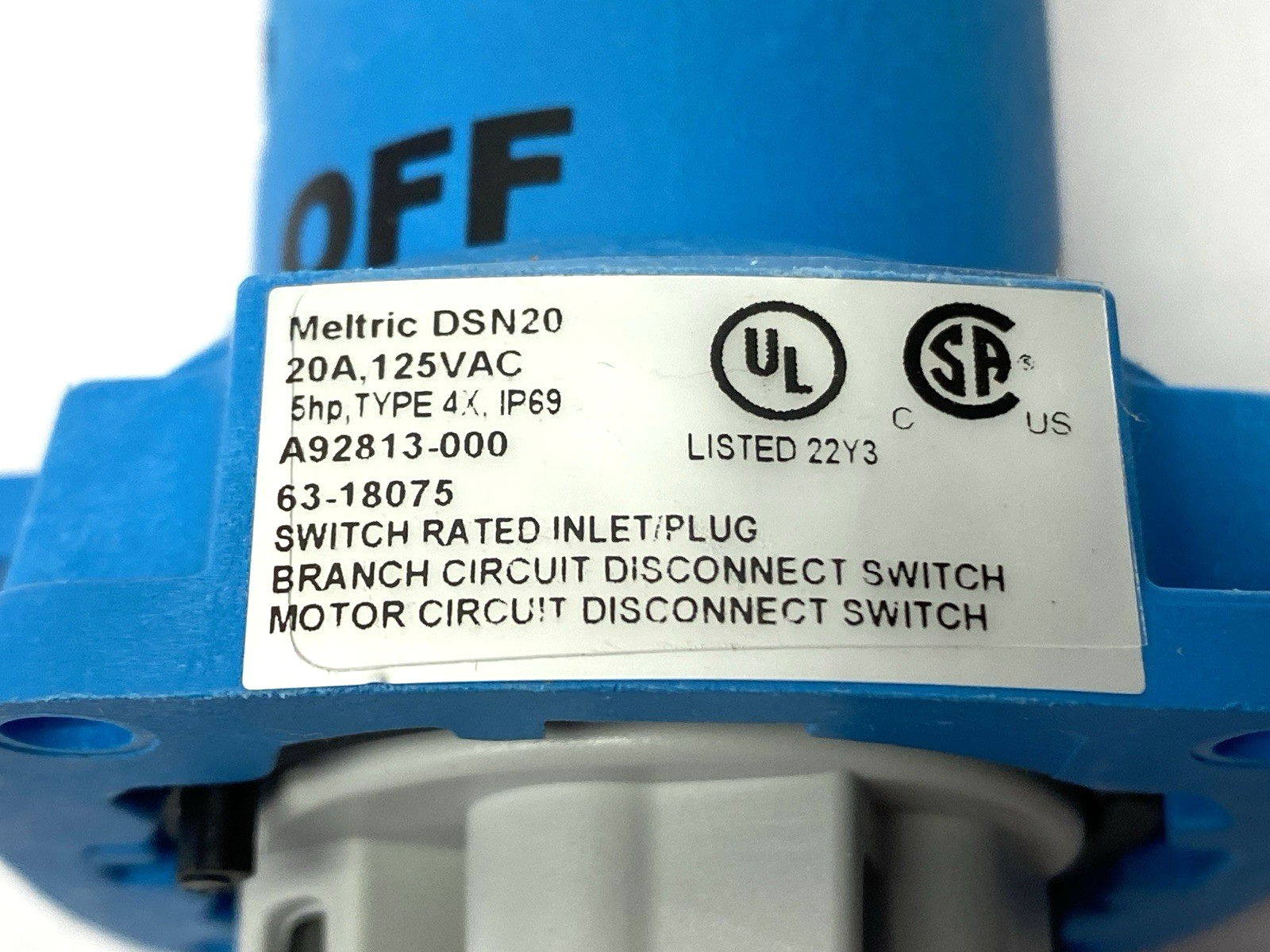 63-18075 | Meltric Male Inlet Plug DSN20 1P+N+G Type 4X & IP69 .75hp 125VAC 20A - New – Open box - Maverick Industrial Sales