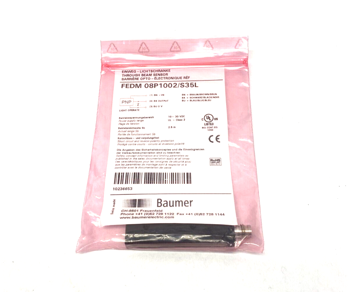 Baumer FEDM 08P1002/S35L Through-Beam Sensor 3-Pin M8 10-30VDC 10236653 - Maverick Industrial Sales