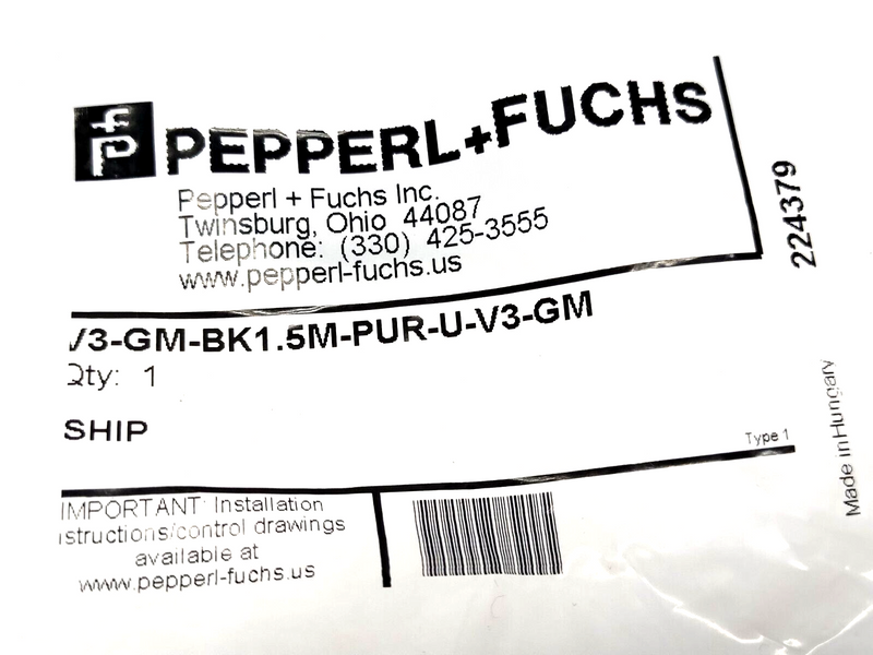 Pepperl+Fuchs V3-GM-BK1,5M-PUR-U-V3-GM Connection Cordset M8 3-Pin 1.5m 224379 - Maverick Industrial Sales