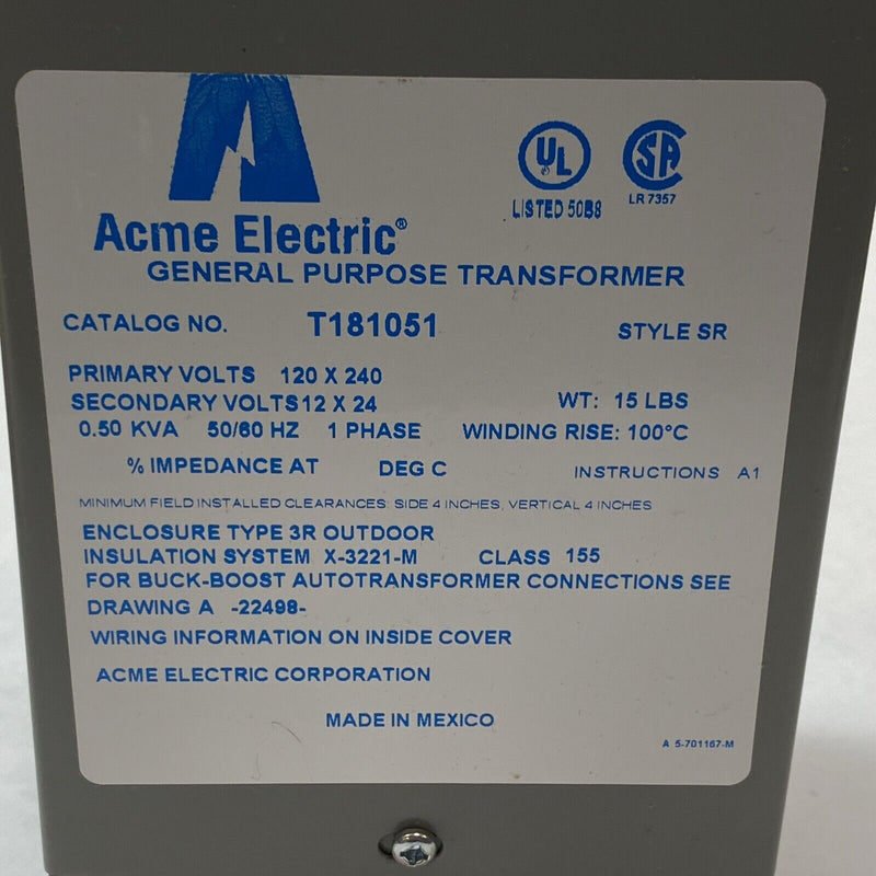 Acme Electric T181051 Transformer Primary: 120/240V, Sec: 12/24V , 1PH, 0.50 KVA - Maverick Industrial Sales