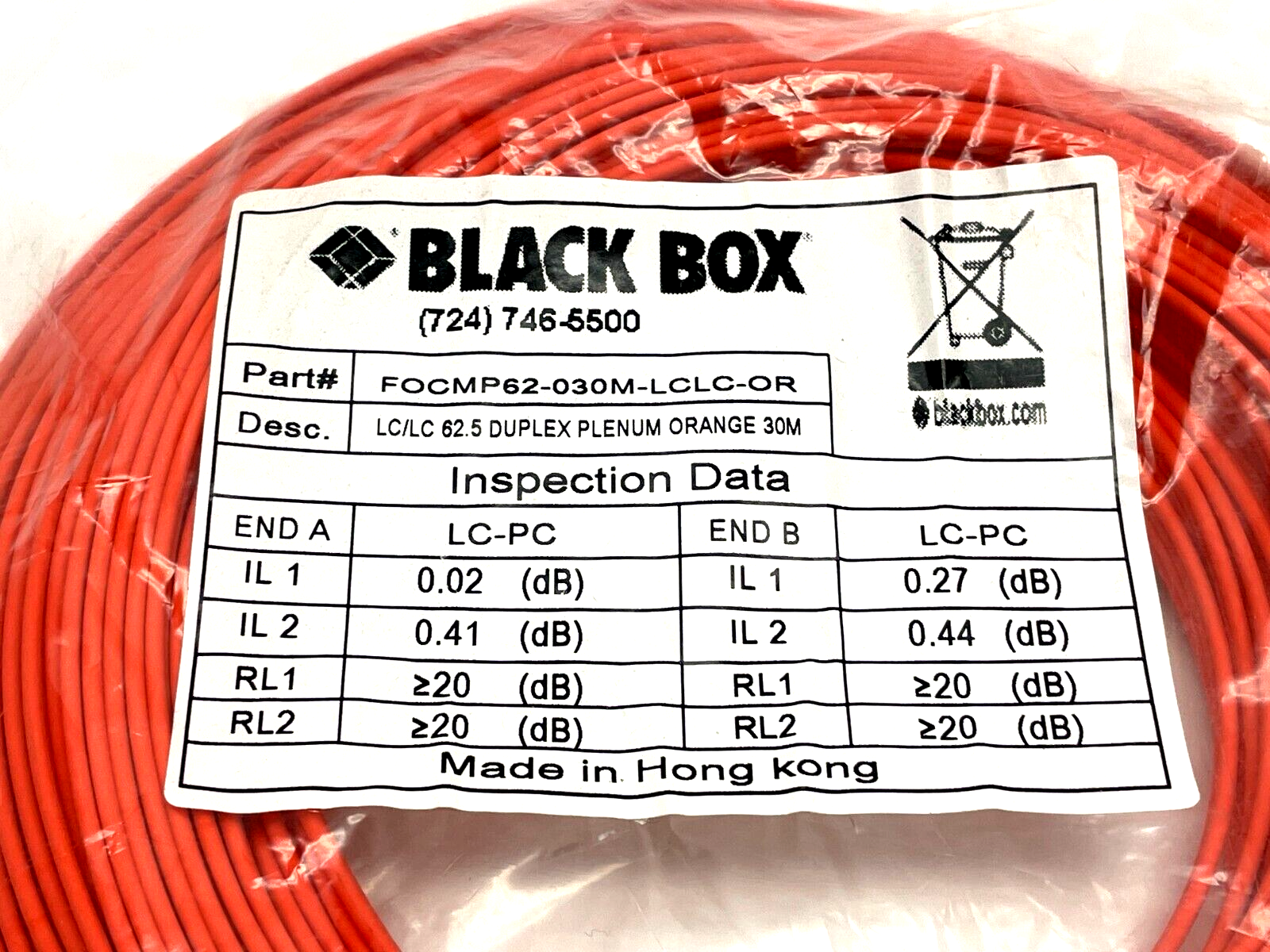 Black Box FOCMP62-030M-LCLC-OR Fiber Optic Cable 30m Length - Maverick Industrial Sales