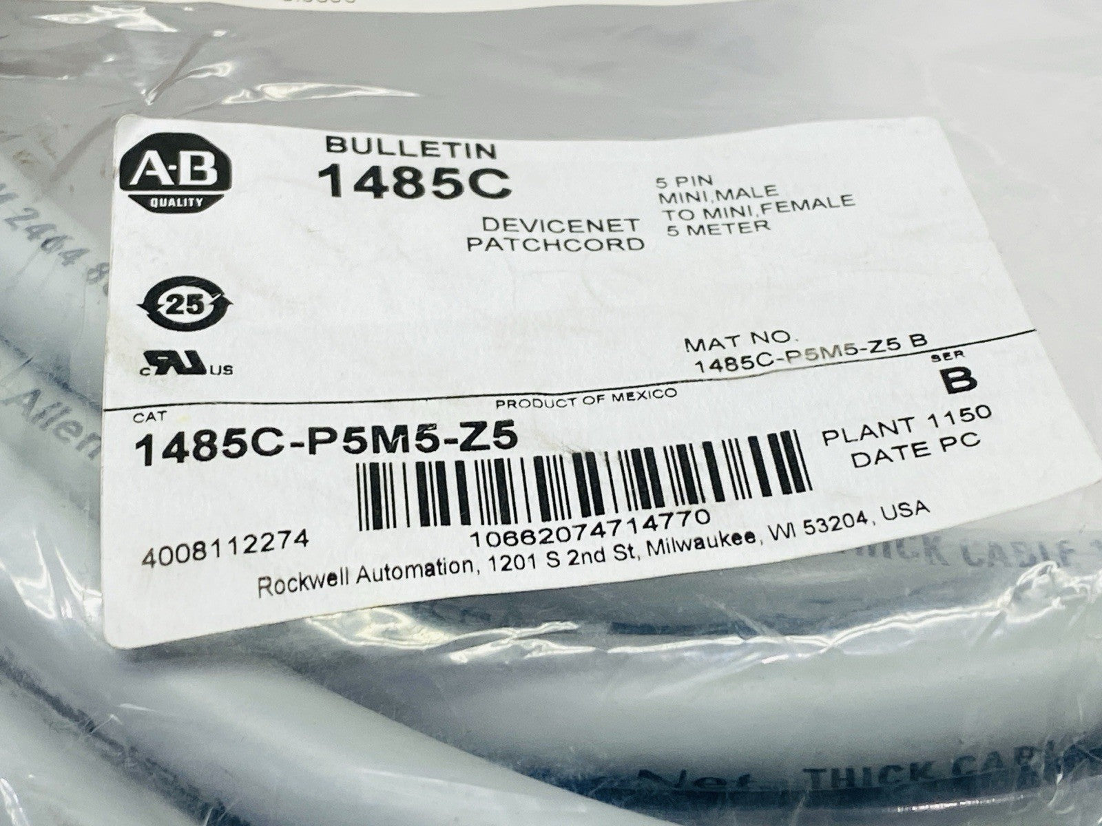 Allen Bradley 1485C-P5M5-Z5 Ser B DeviceNet Physical Media Cordset - Maverick Industrial Sales