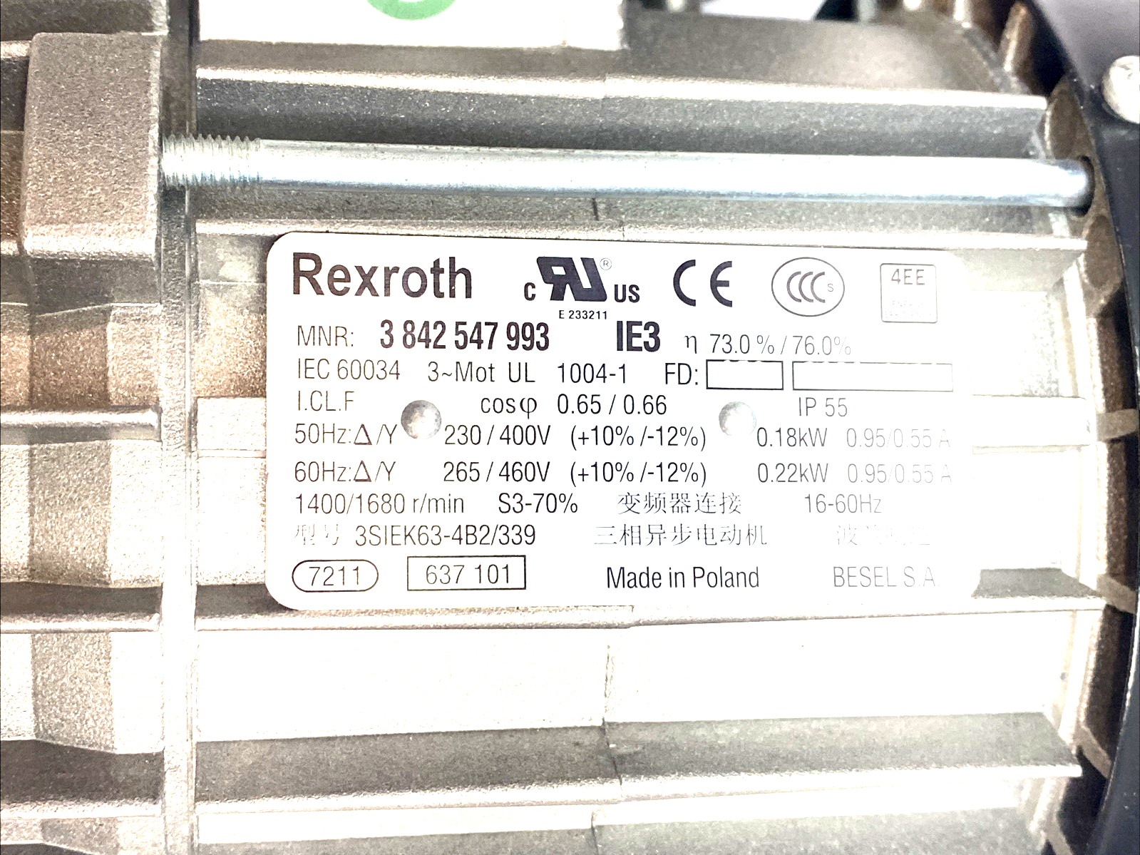 3 842 547 993 | Bosch Rexroth Three‑Phase Motor 0.18‑0.22 kW - Used - Maverick Industrial Sales