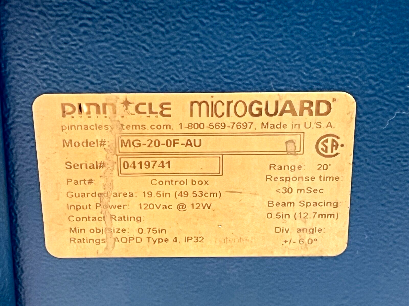 Pinnacle 52-006 Rev 7 Microguard Control Box MG-20-OF-AU - Maverick Industrial Sales