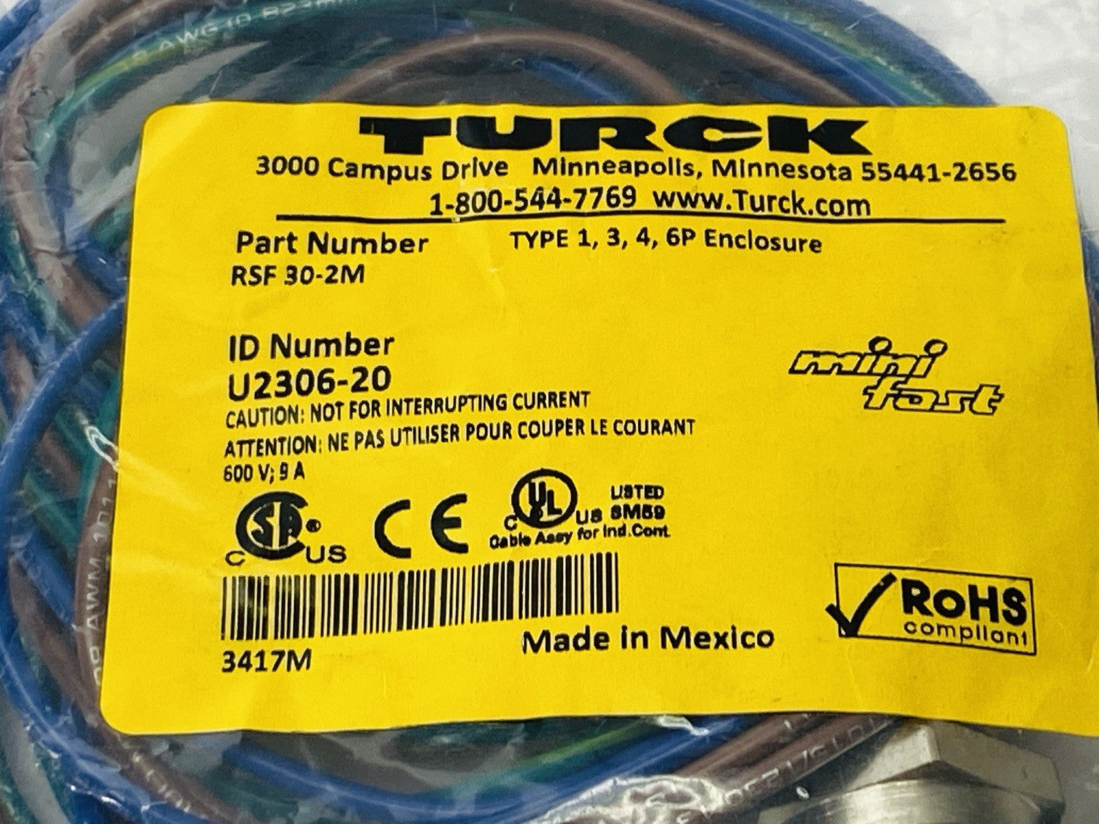 Turck RSF 30-2M Actuator Sensor Receptacle Front Mount M 7/8" Minifast U2306-20 - Maverick Industrial Sales