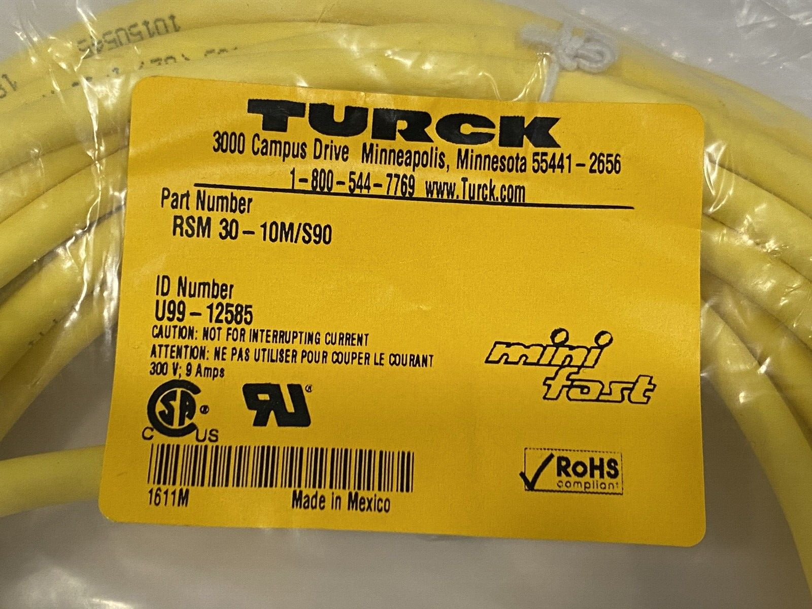 RSM 30-10M/S90 | Turck Single-Ended Sensor Cordset 3-pin 7/8"-16 Female U99-12585 - New - Maverick Industrial Sales