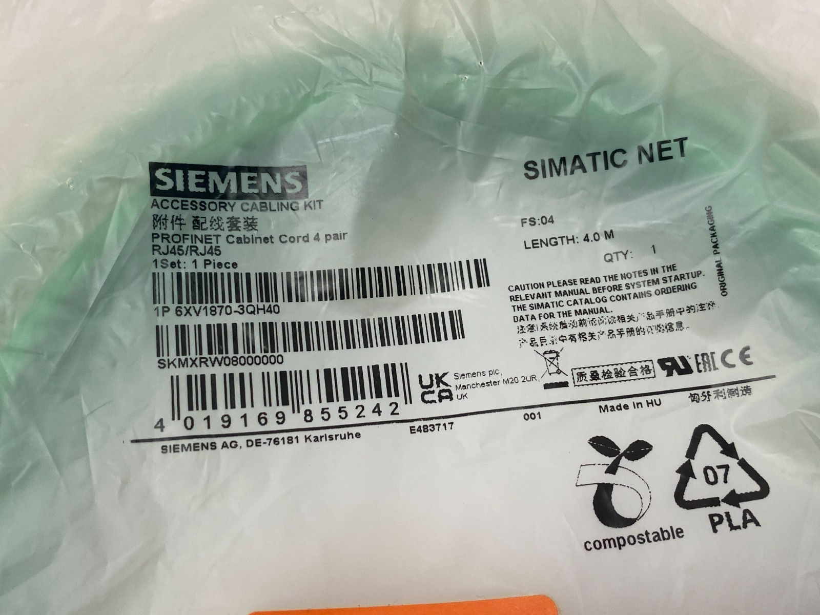Siemens 6XV1870-3QH40 PROFINET Ethernet TP Cordset RJ45/RJ45 CAT6A 4m - Maverick Industrial Sales
